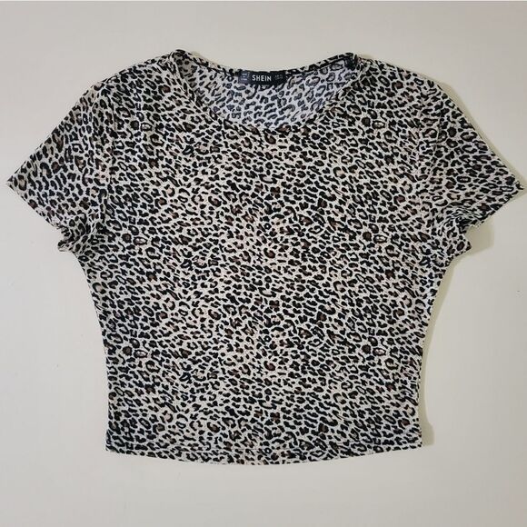 Shein Crew-neck Leopard Short Sleeve Cropped Tee - Picture 2 of 9